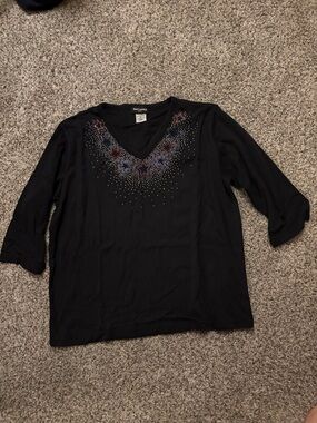Lucky Brand Black V-Neck Long Sleeve Top with Multicolor Star Studs